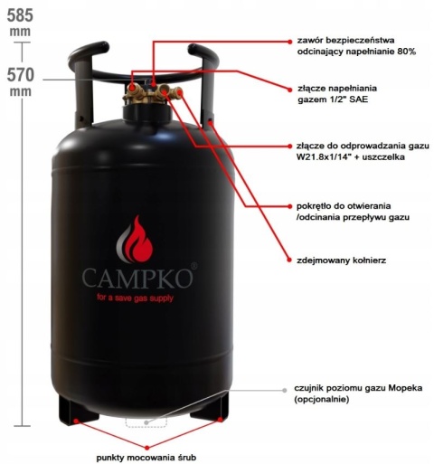 Butla gazowa stalowa Propan Butan LPG z wielozaworem CAMPKO 16kg (30l) Butla gazowa stalowa Propan Butan LPG z wielozaworem CAMPKO 16kg (30l)