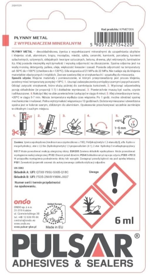 KLEJ PŁYNNY METAL DWUSKŁADNIKOWA ŻYWICA + ŁOPATKA PULSAR KOLOR SZARY 6 ml