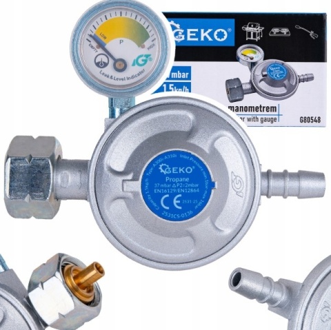 REDUKTOR GEKO Z MANOMETREM DO BUTLI GAZOWEJ PROPAN BUTAN 37MBAR 1,5KG/H